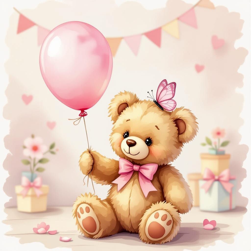 Fluffy Teddy Bear with Pink Balloon and Butterfly
