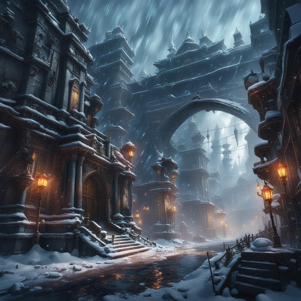 Blizzard Overwhelms City in Detailed Matte Painting