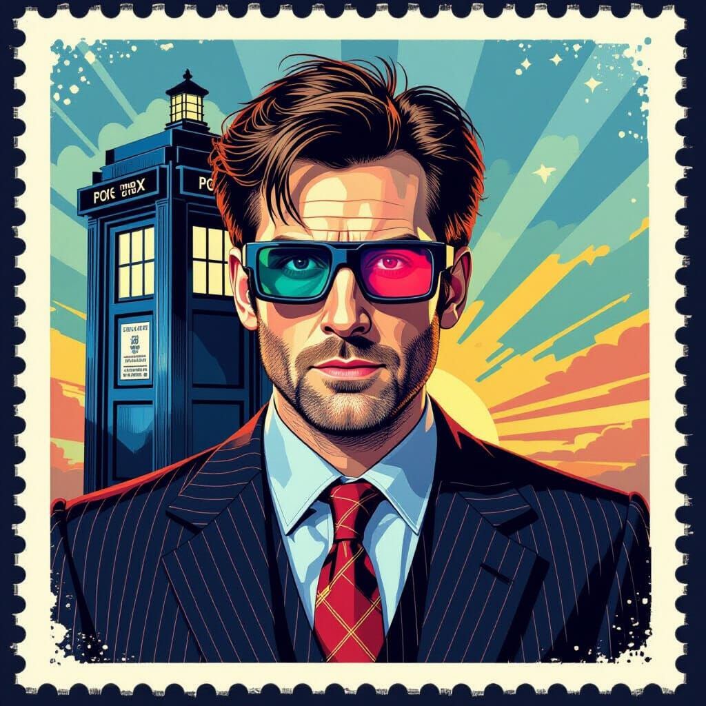 Dr. Who Portrait with Tardis Stamp in Digital Art Style