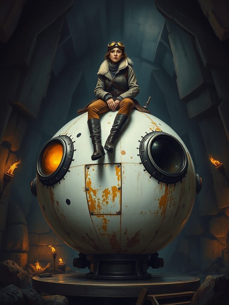 Dark Fantasy Oil Painting: Rusty Spherical Vehicle in Underg...