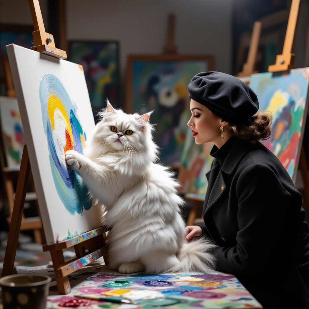 Persian Cat Sneezes Paint in Artist Studio Portrait