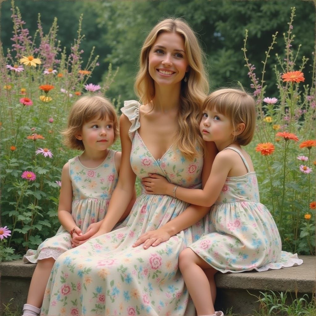 Elegant European Mother in Lush Garden, Impressionist Style