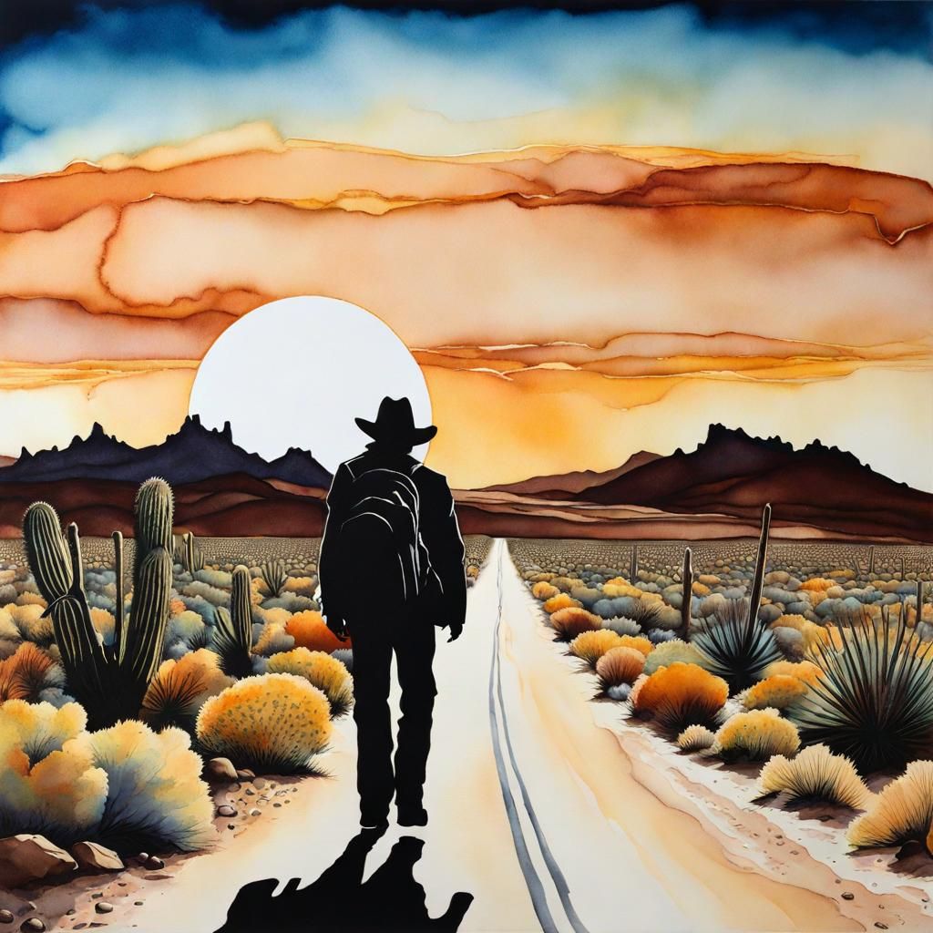 Hitchhiker in Nevada Desert, Alcohol Ink Art