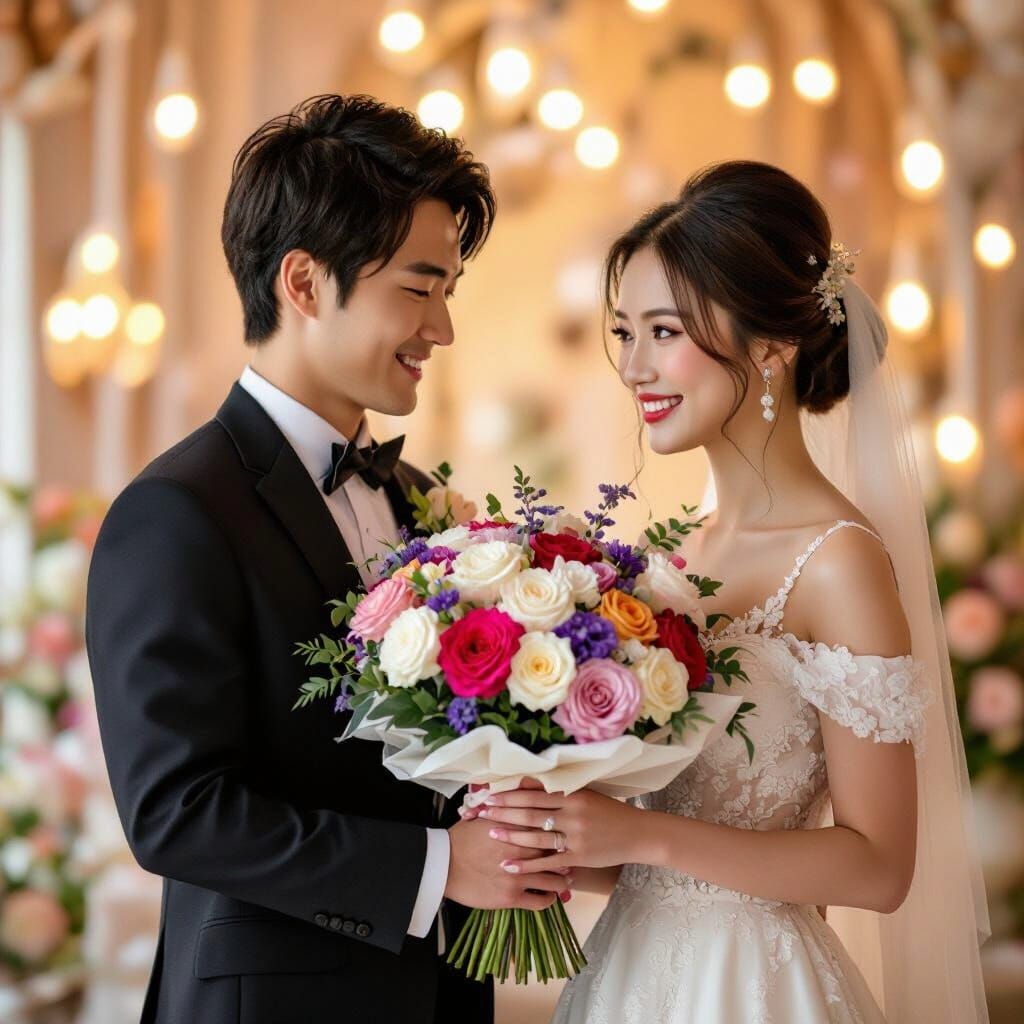 Elegant Couple Exchange Flowers in Whimsical Style
