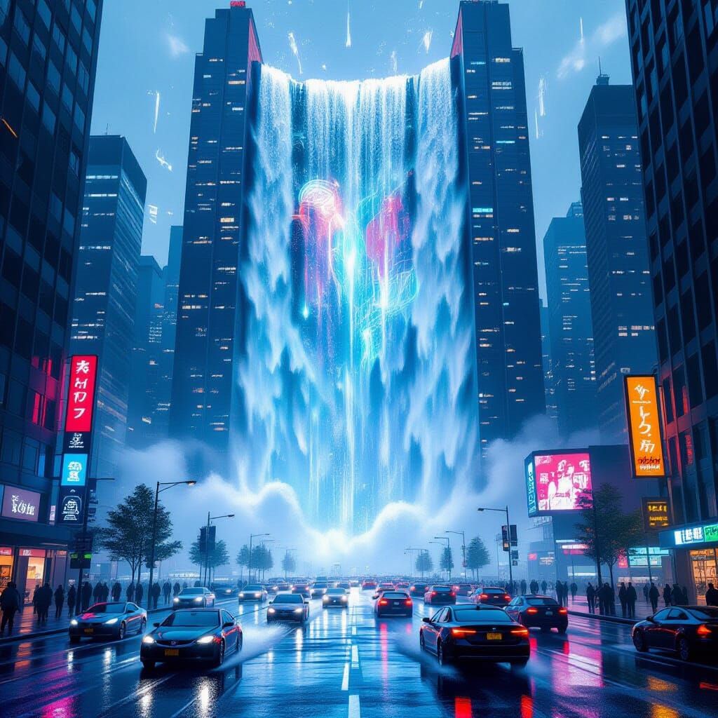 Cyberpunk Skyscraper Waterfall in Futuristic City