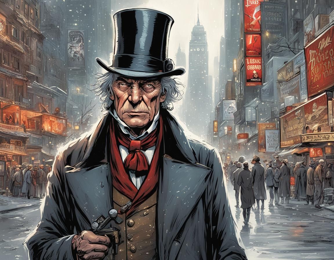 Ebenezer Scrooge with white muttonchop sideburns in Times Square Mark Brooks and Dan Mumford, comic book art, perfect, s...