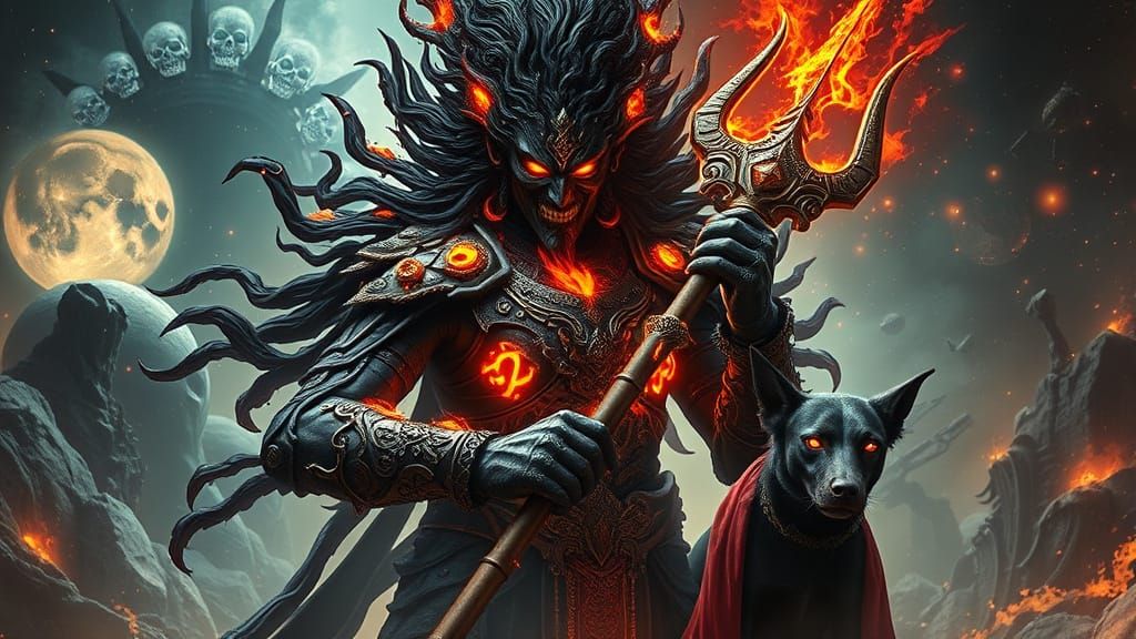 Dark Anime God Kaal Bhairav in Cyberpunk Armor, Crimson Eyes...