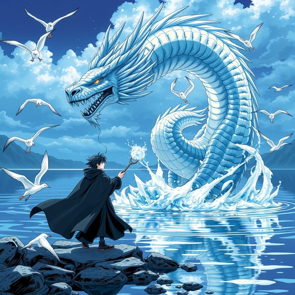 Arrogant Young Magician Creates Water Dragon in Manga Style