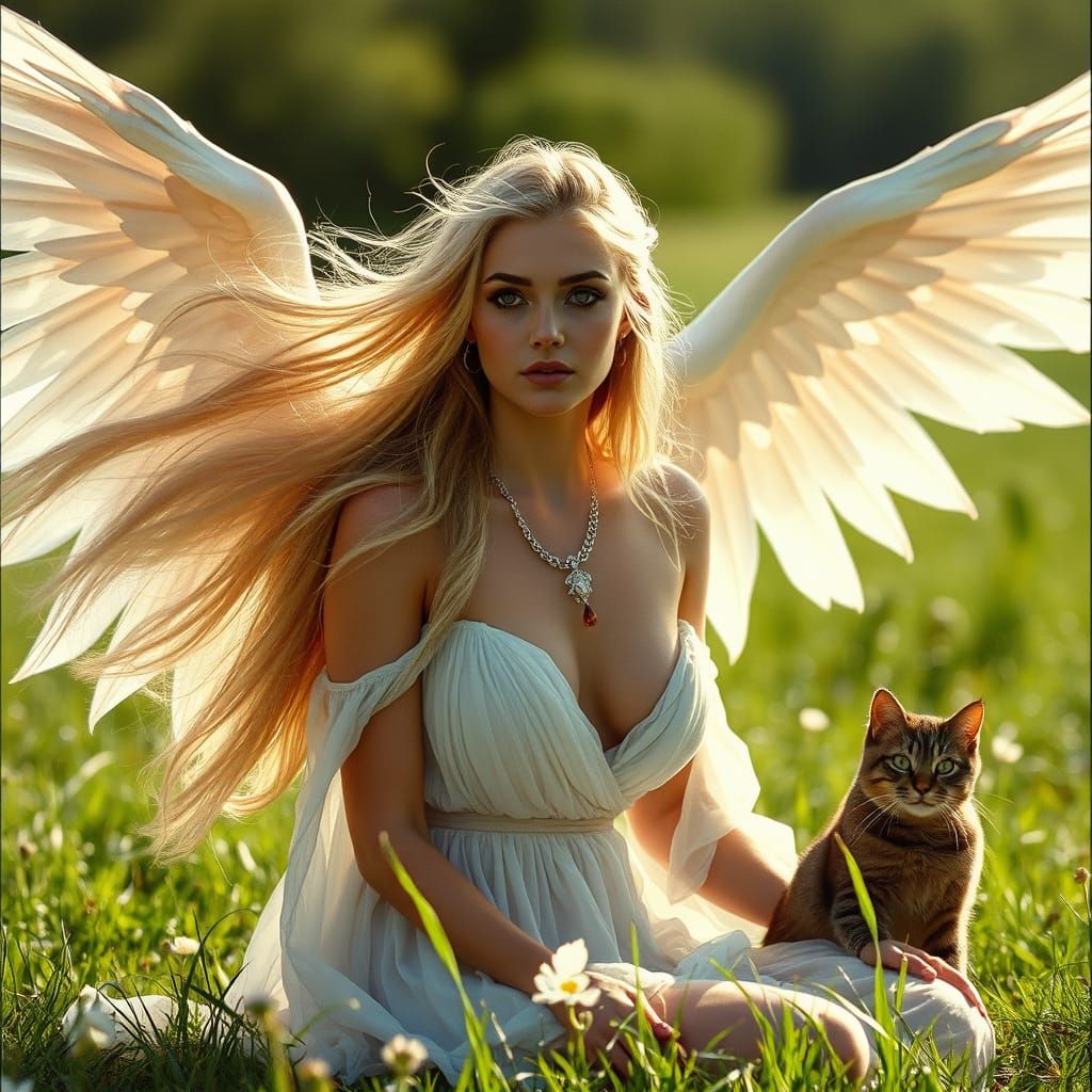 Surreal Goddess with Crystal Wings in a Sunlit Meadow