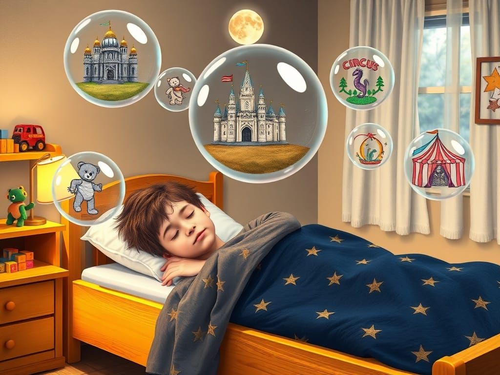 Boy's Dream of Medieval Castle in Floating Bubbles