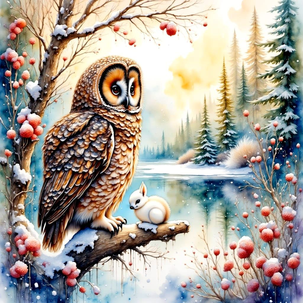 Epic Realistic Winter Landscape with Majestic Tawny Owl in A...