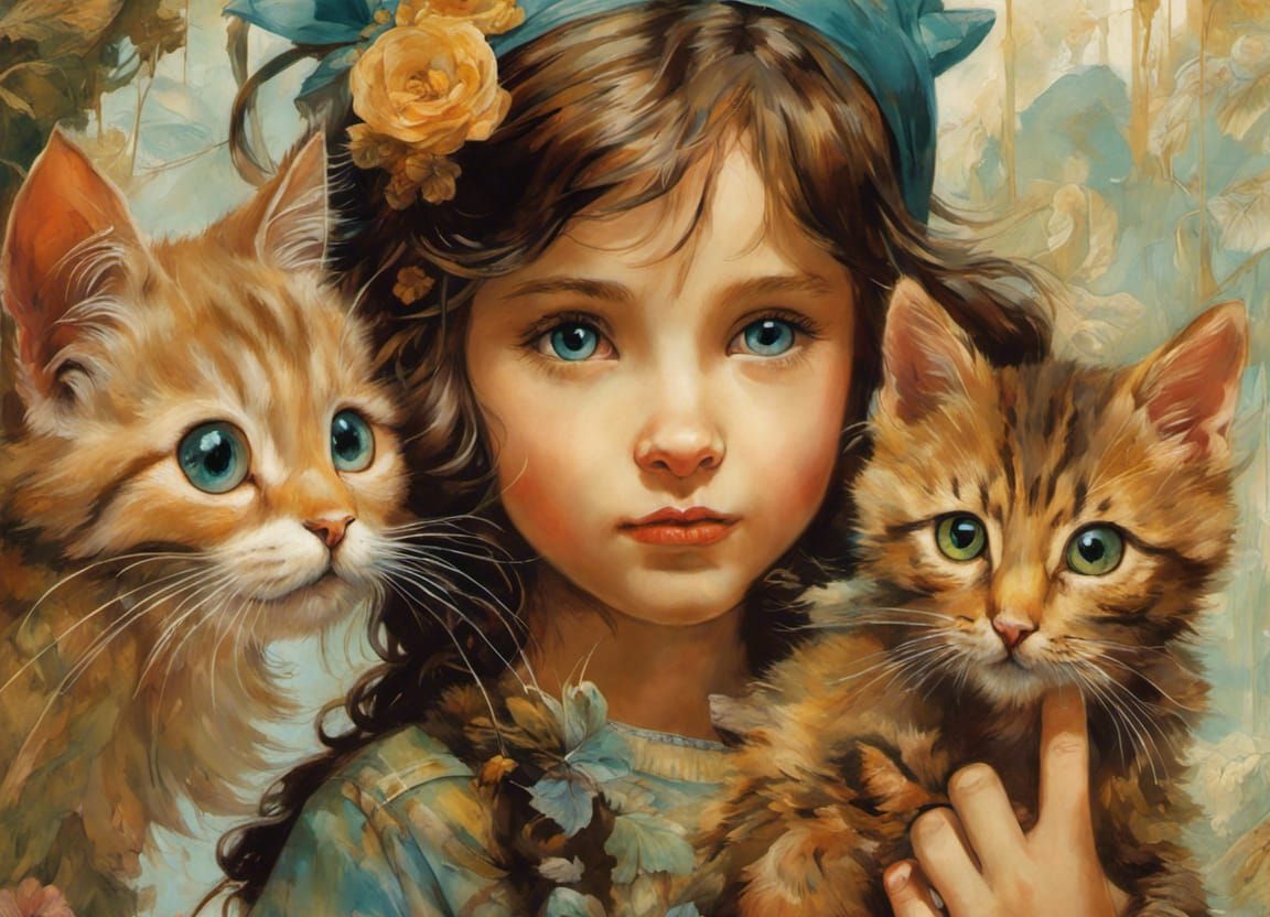 Girl and Kitten Art, Detailed Concept Illustration