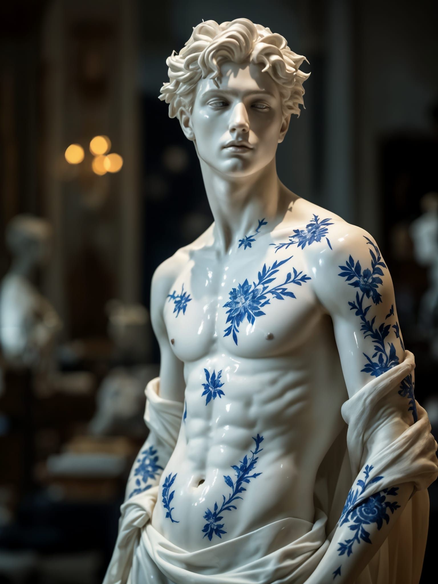 Ethereal Porcelain Figure in Delft Blue Tattoo Style