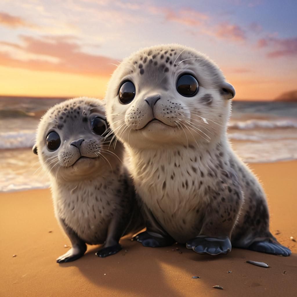 Chibi Realistic Seals Playing on the Beach