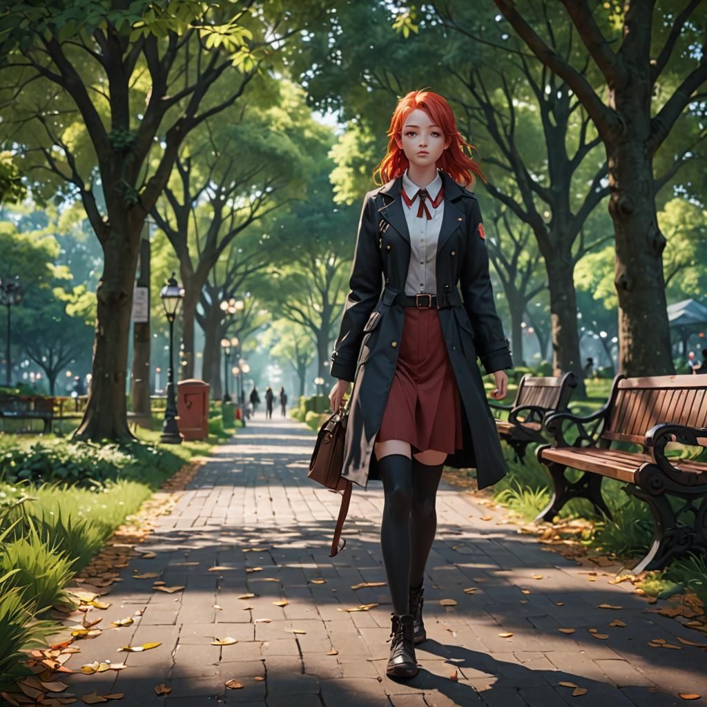 Red-Haired Girl Walking in Park: 3D Anime Art