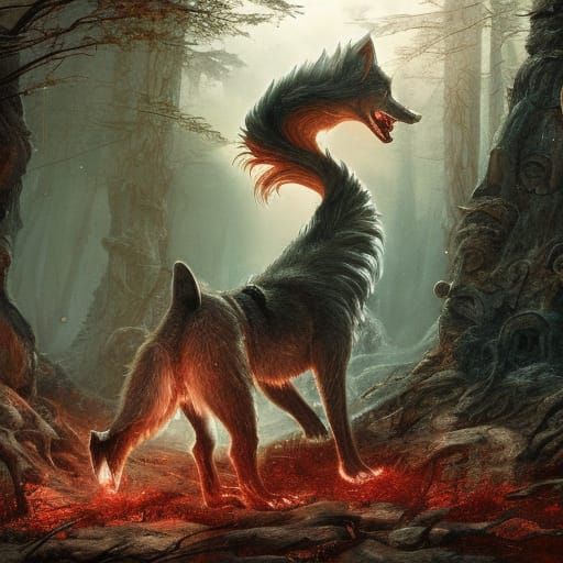 Red Riding Hood and Wolf in Glowing Forest