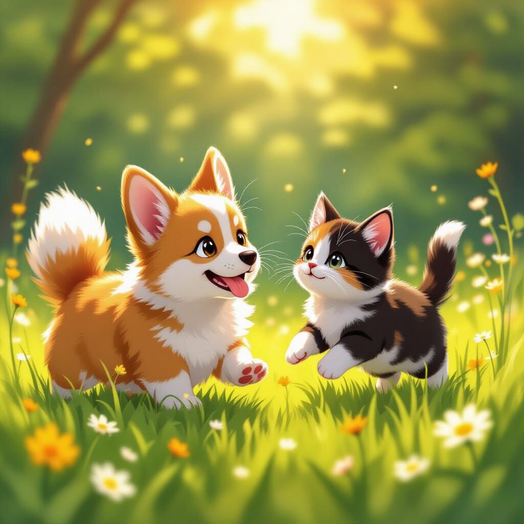 Fluffy Corgi Puppy and Kitten Play in Sunny Meadow