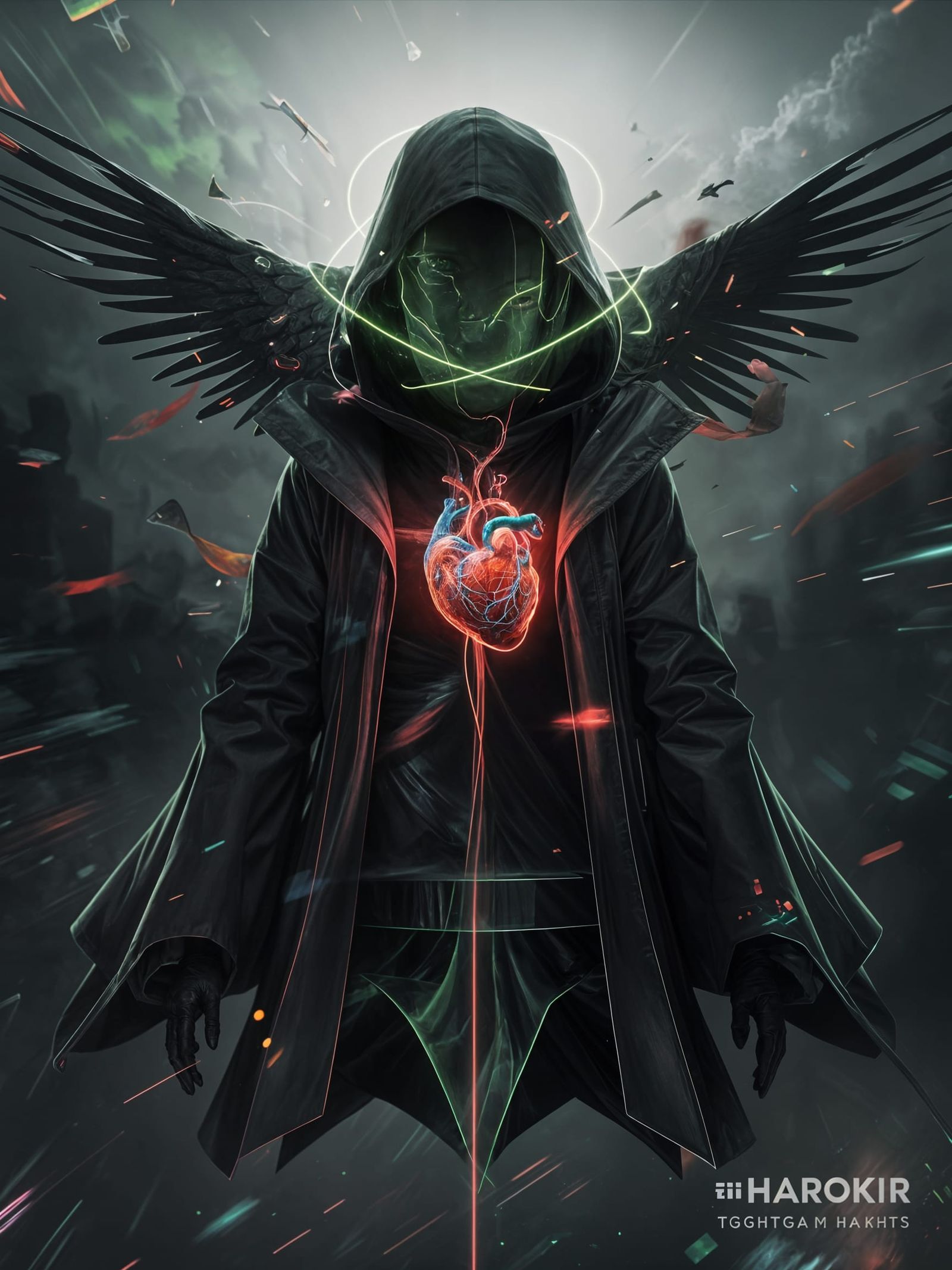 Enigmatic Figure in Digital Chaos with Pulsating Heart