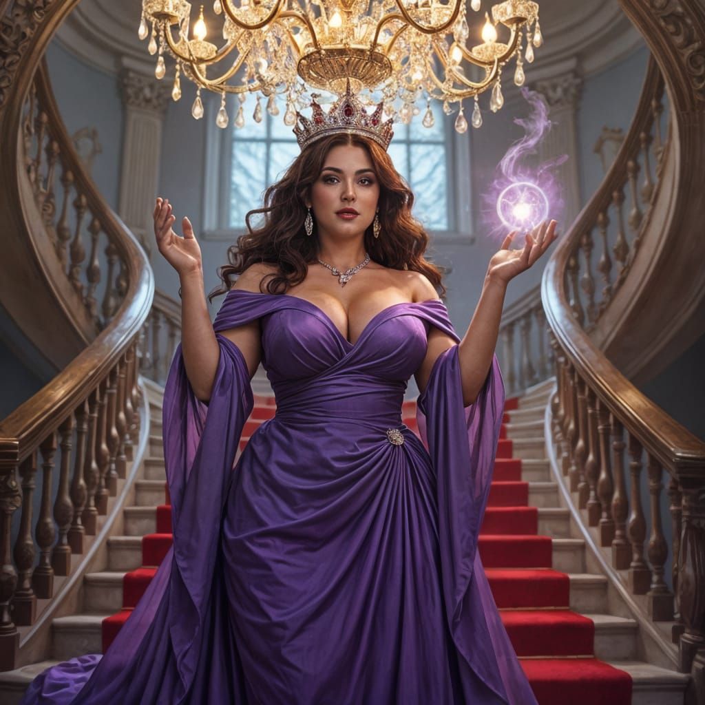 Mystical Woman on Red Staircase with Magic