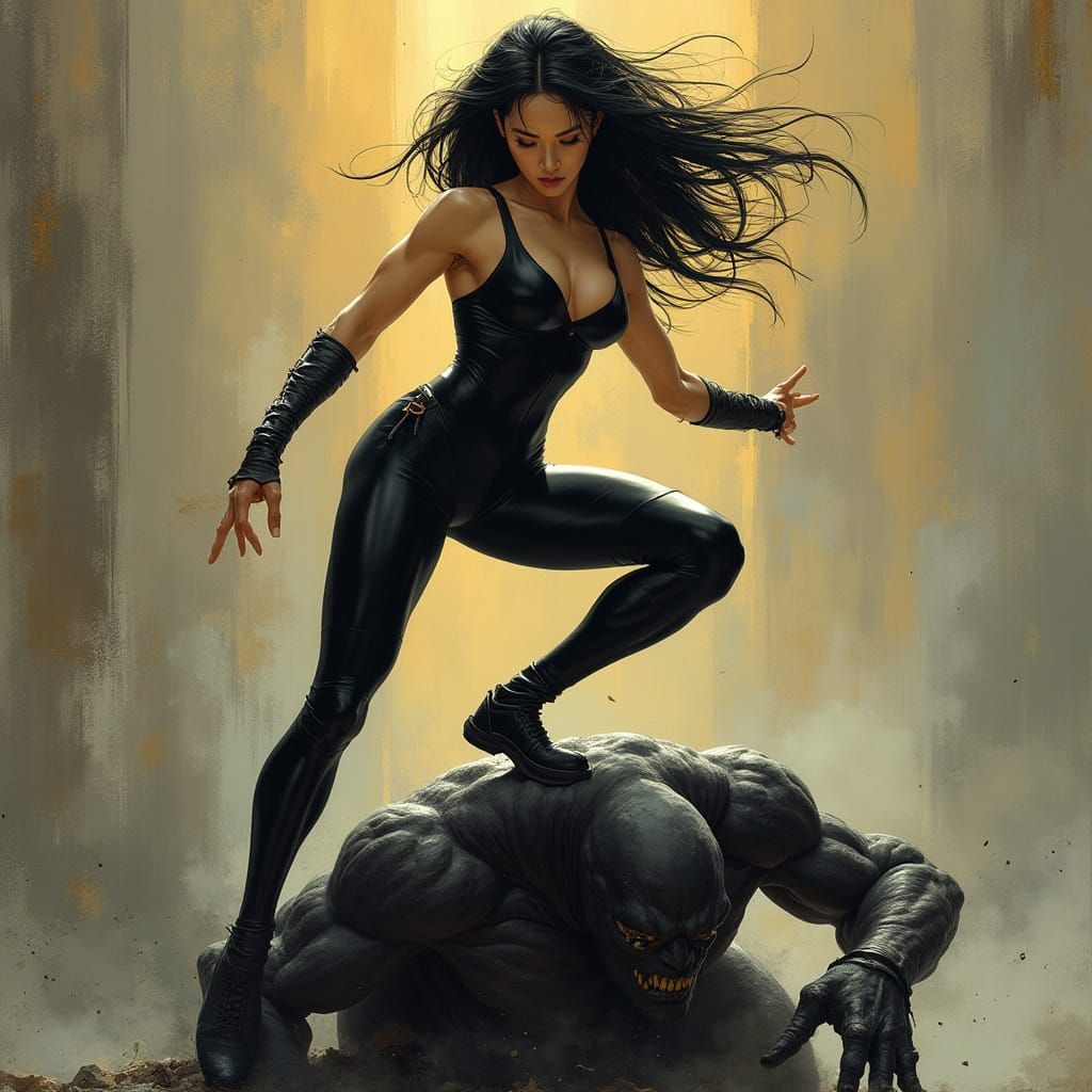 Goddess Steps on Ominous Figure, Dramatic Art Style