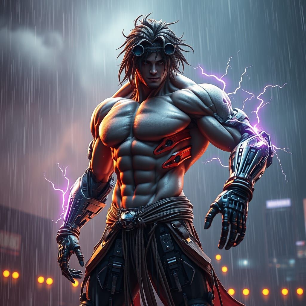 Cyborg Dancer Defies Storm in Anime Style