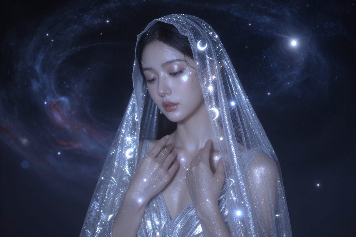 Woman Enrobed in Night Sky with Celestial Patterns