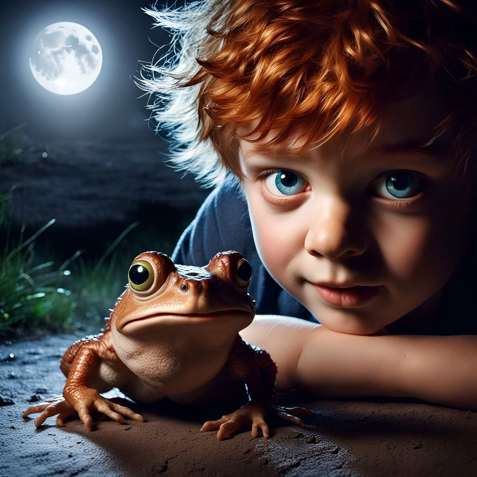 Boy and Toad Playing at Midnight