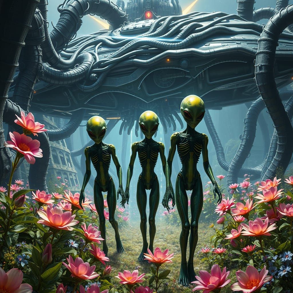 Biomechanical Aliens Amidst Gothic Warship and Vibrant Garde...