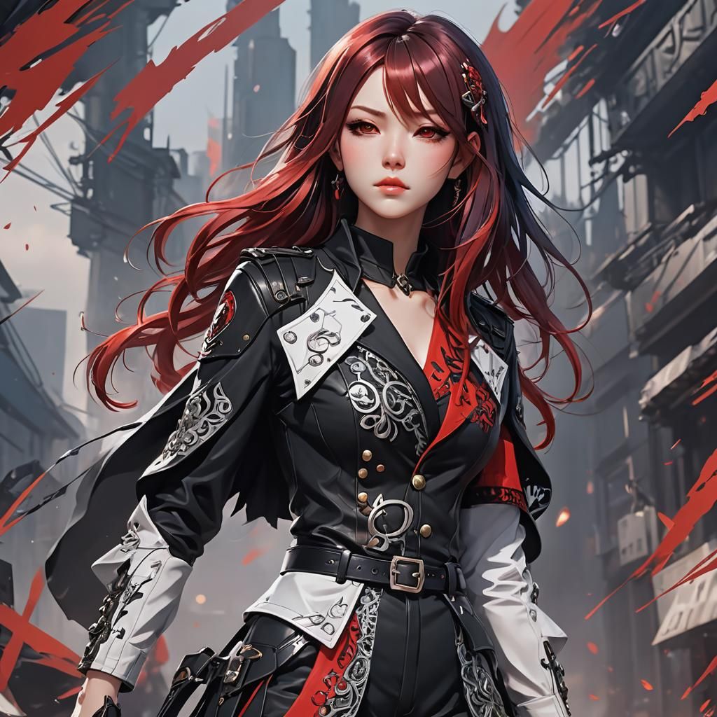 Anime Style Woman with Red and Black Hair