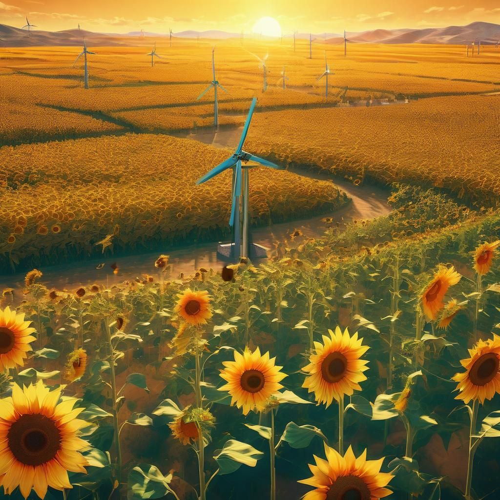 Windmills in Sunflower Field: Anime-Inspired Digital Art