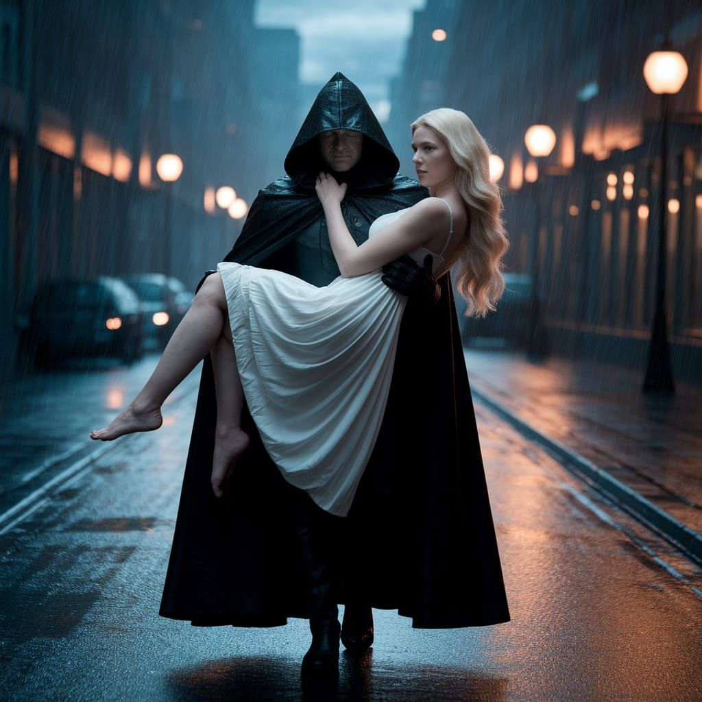 Rainy City Street Scene in Film Noir Style