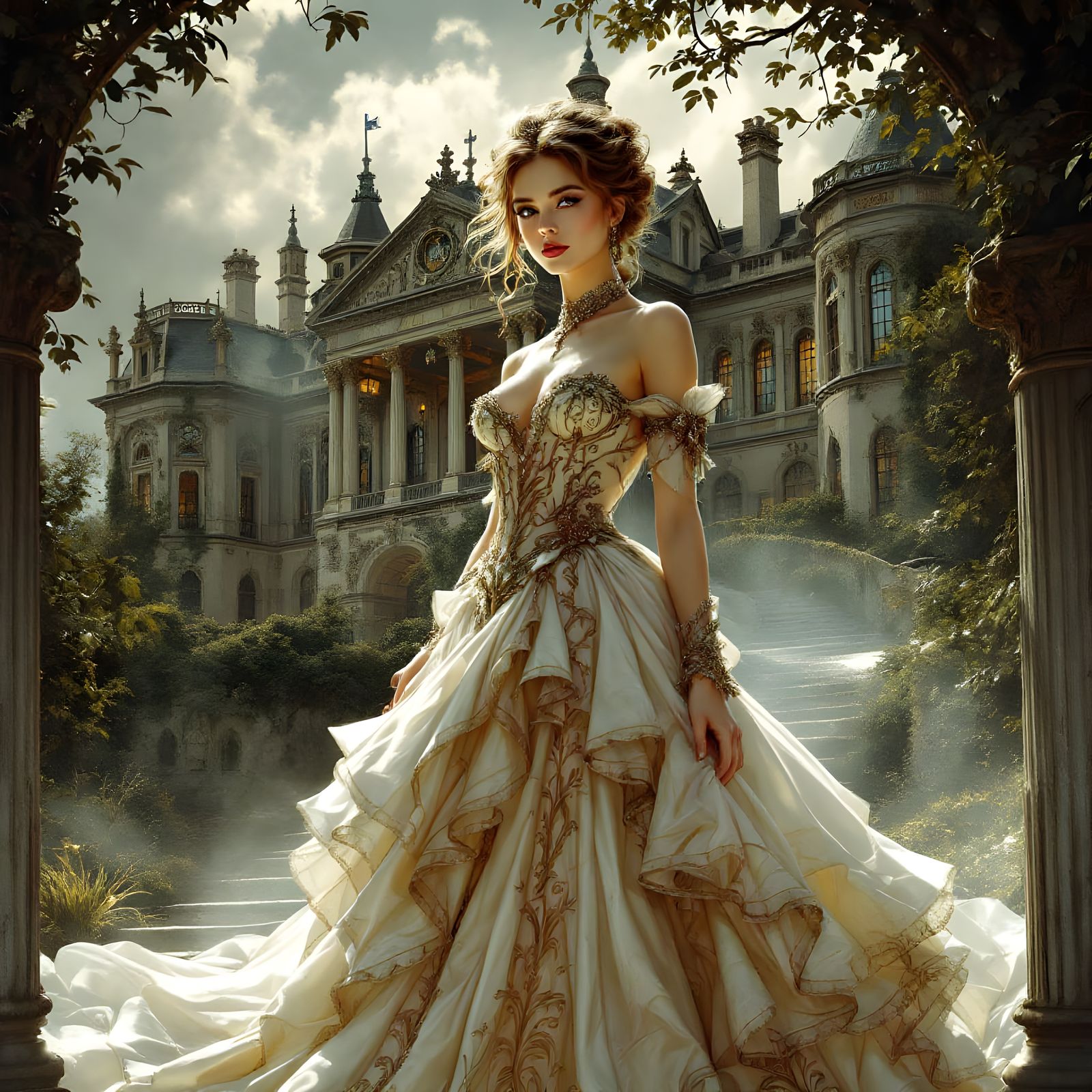 Baroque Lady at Mansion in Dramatic Illustration Style