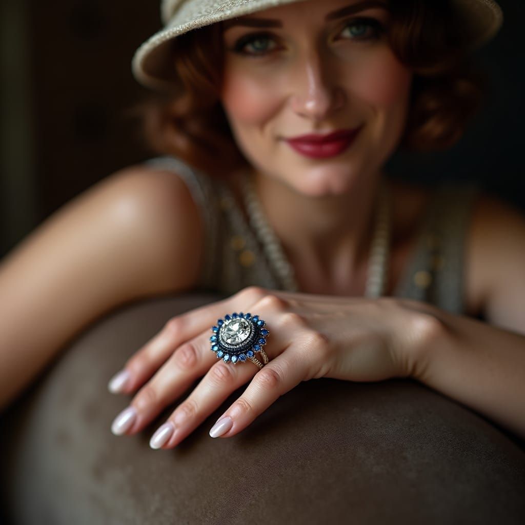 1920s Woman Showcases Sapphire Halo Diamond Ring