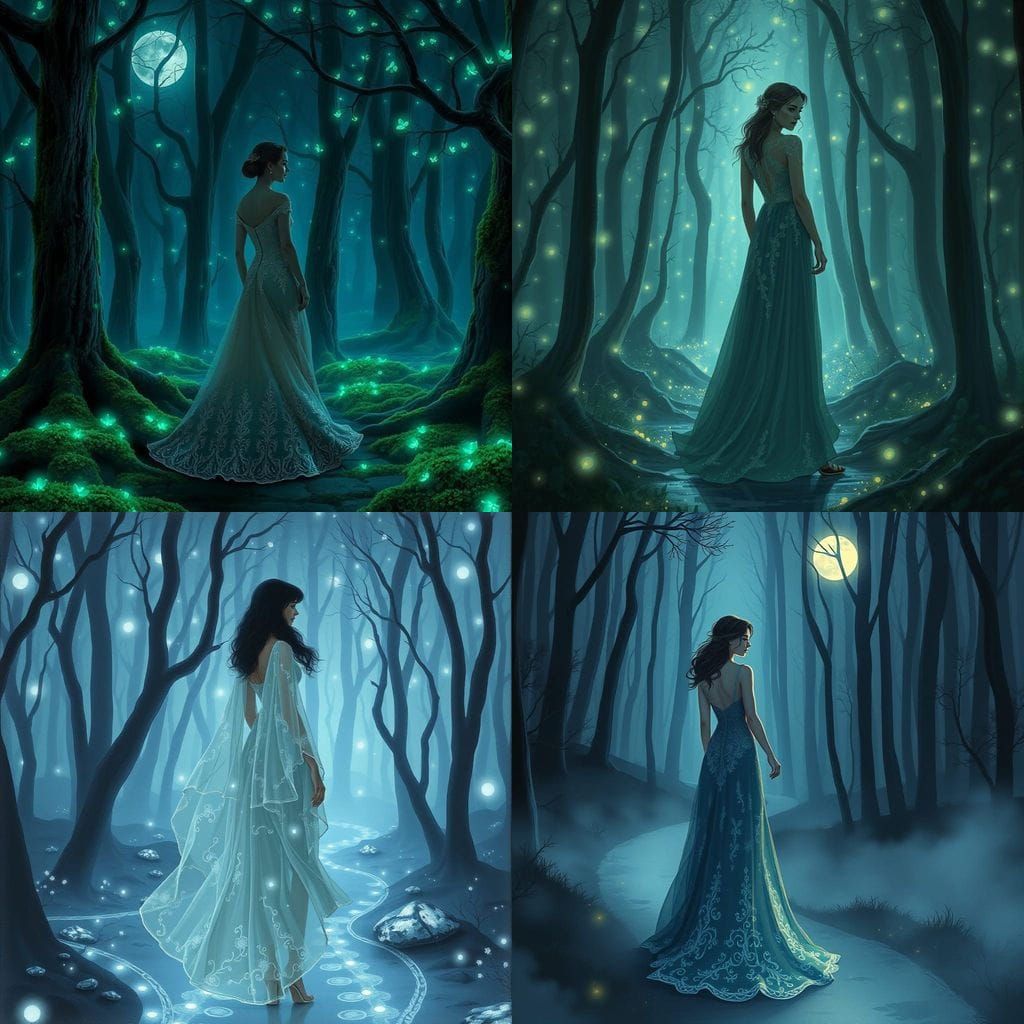 Woman Strolls Through Bioluminescent Wood in Sparkling Night...