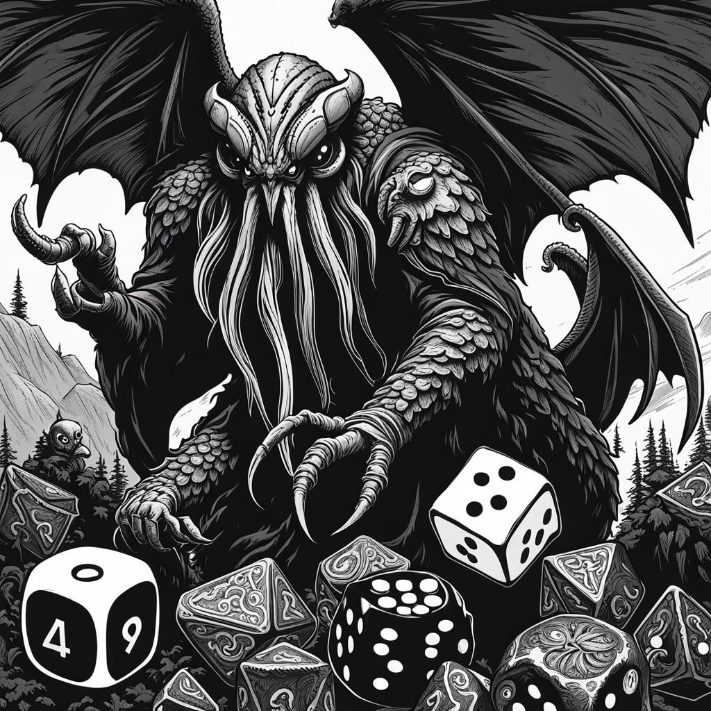 Cthulhu and Mothman Play D&D in Line Art