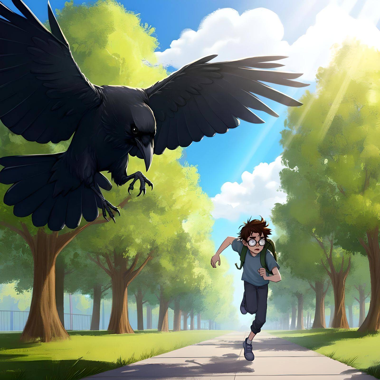 Giant Crow Chasing Boy: Storybook Illustration