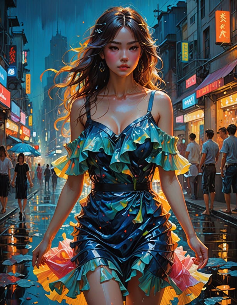 Vibrant Impasto Painting of Neon Ruffled Water Goddess