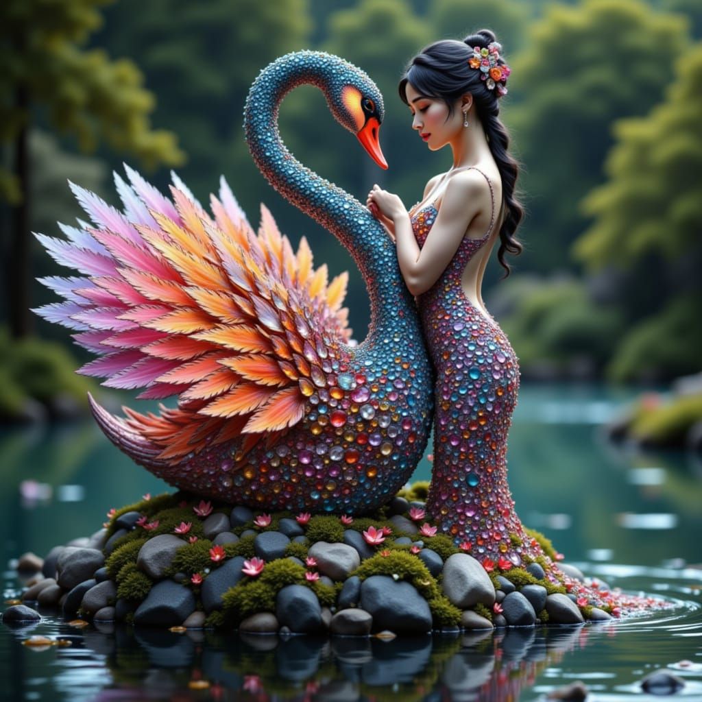 Gemstone Maiden and Swan Embrace by Shimmering Lake