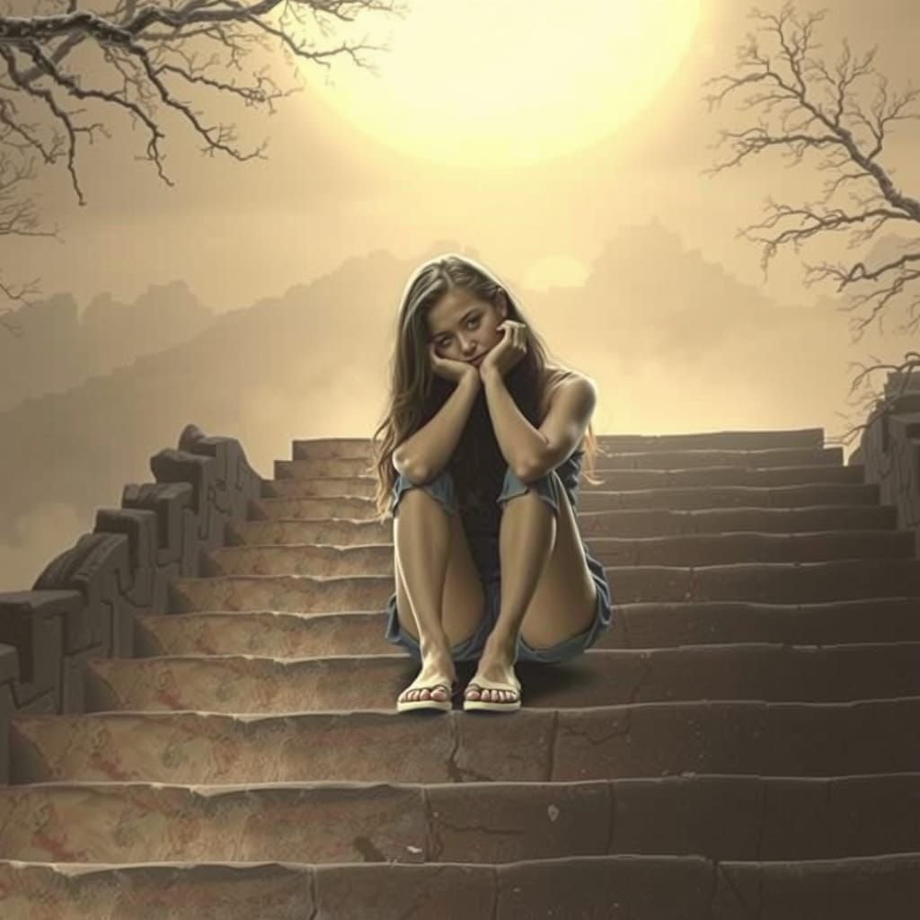 Woman on Fiery Stairs Under Misty Mountains