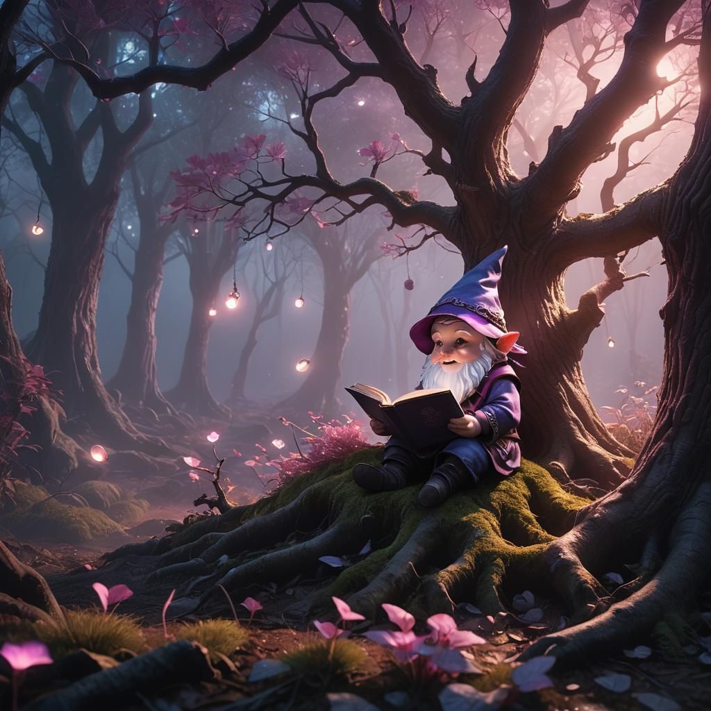 Baby Gnome Reading in Misty Forest