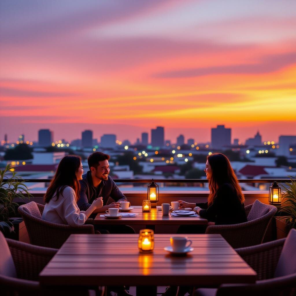 Vientiane Rooftop Cafe at Sunset in Photorealistic Style