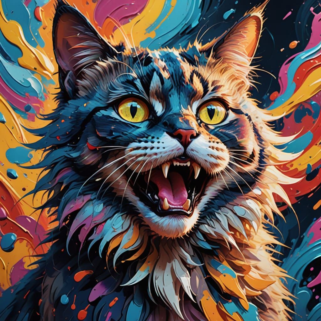 Neo-Impressionist Cat Portrait in Vibrant Wonderland Colors