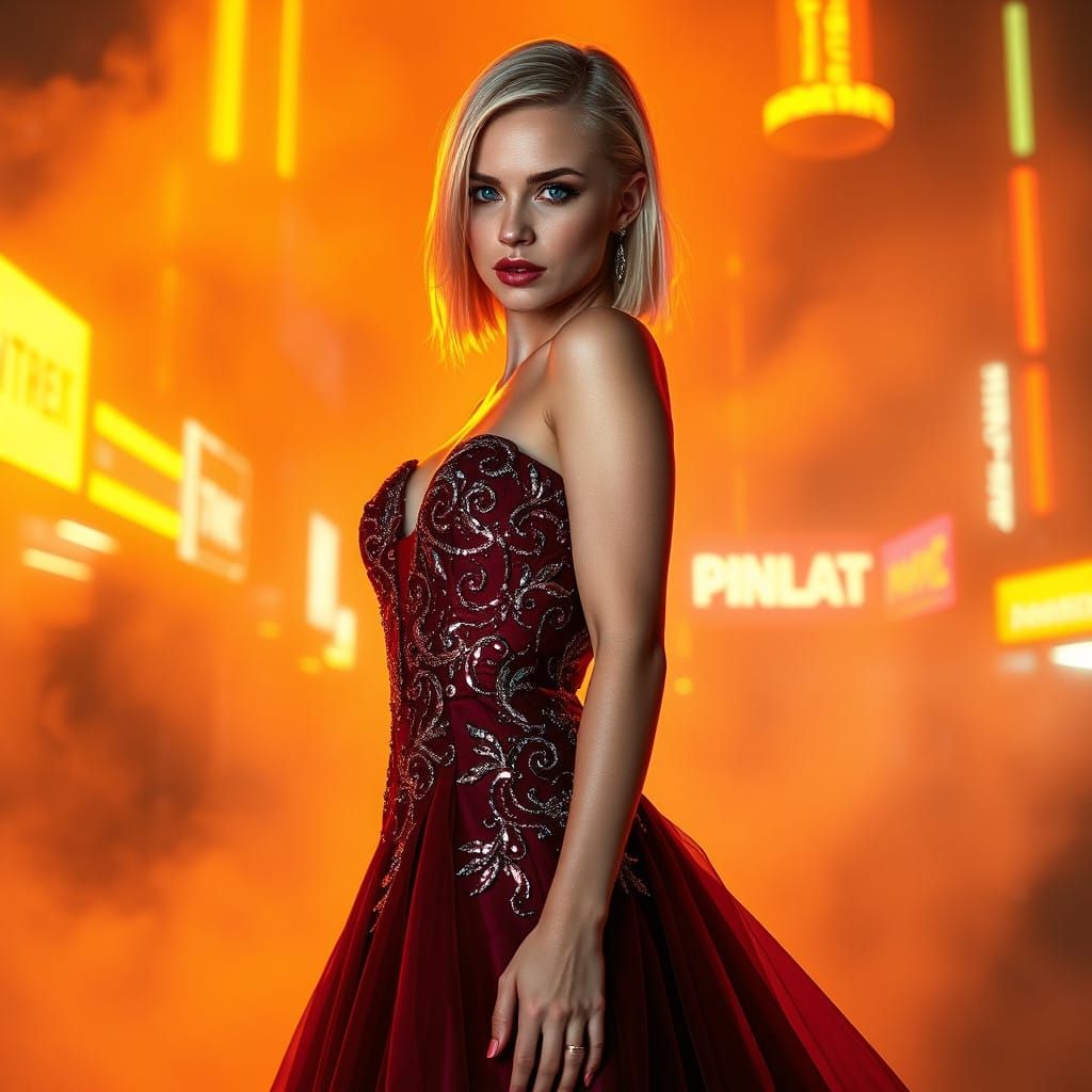 Glowing Cyberpunk Goddess in Burgundy Evening Gown