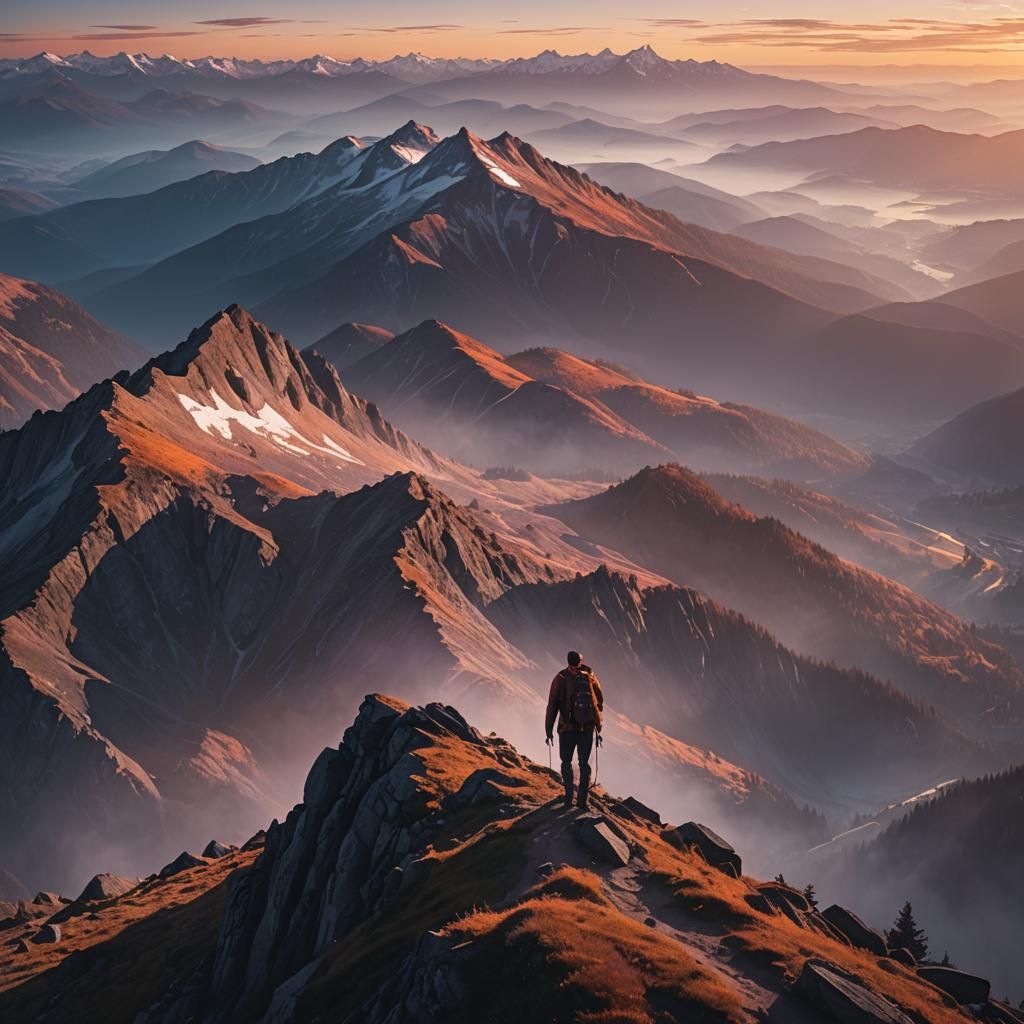 Hiker on Mountain at Dusk: Cinematic Landscape