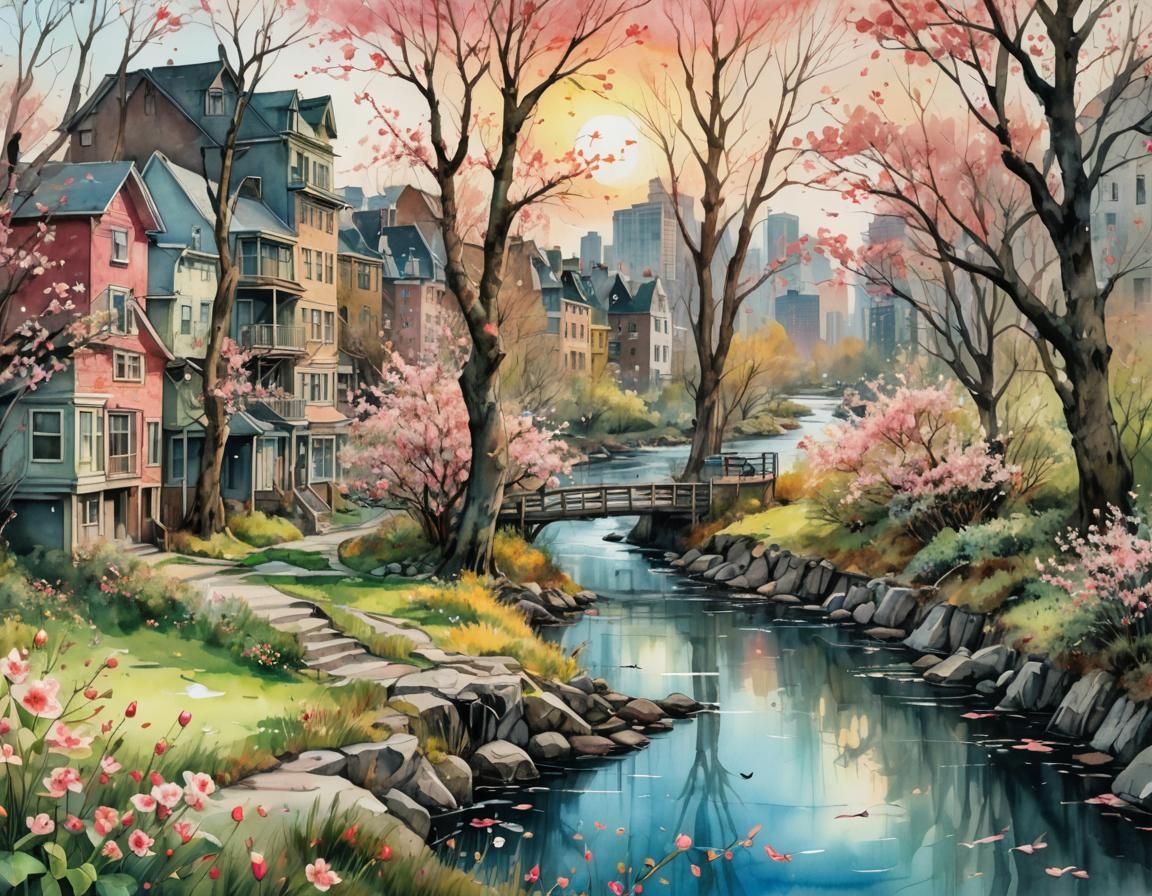 Spring River Cityscape in Watercolor Style