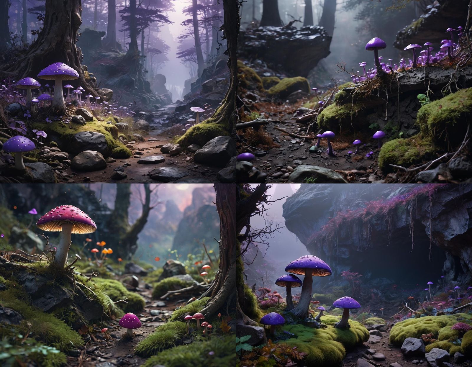 Mystical Purple Mushroom in Forest Cave