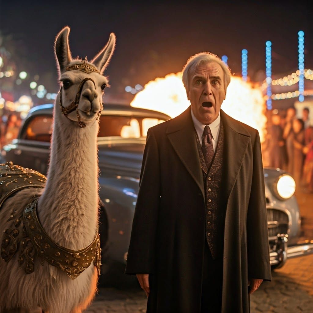 Epic Llama King Arthur and Vampire Hunter Scene in Vibrant S...