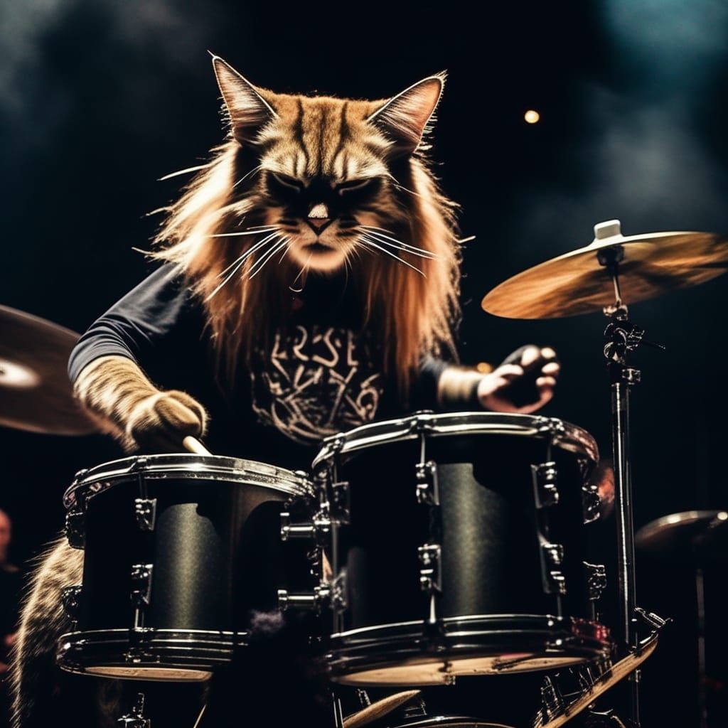 a cat drummer in heavy metal band