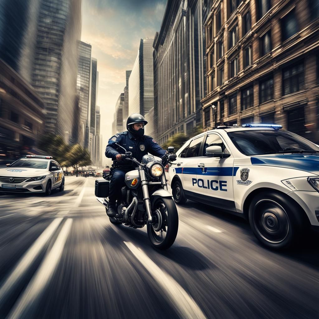 Motorcycle Police Chase in Hyperrealistic Style