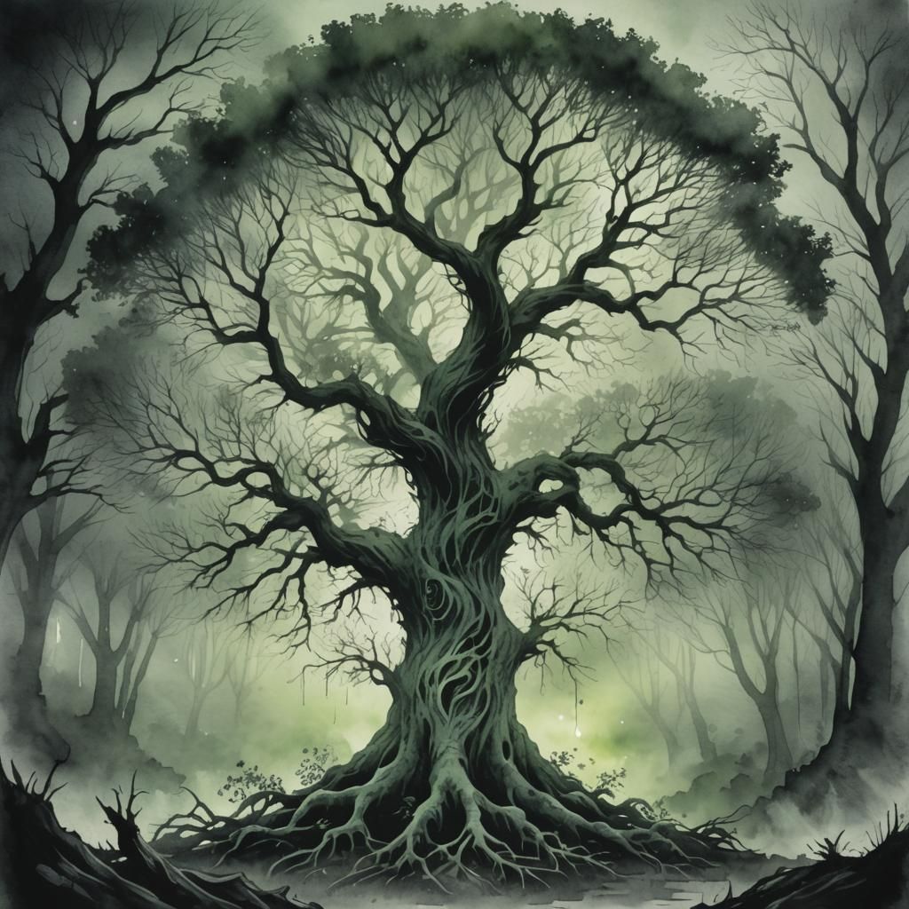 Eerie Grayscale Tree Emitting Green Glow